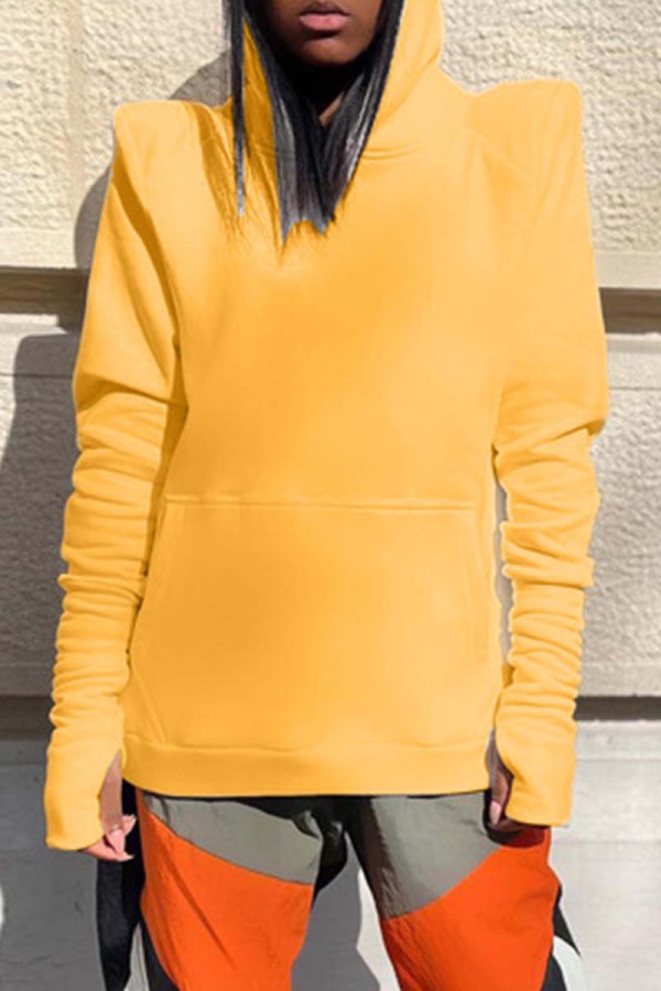 Yellow Casual Basic Hooded Collar Tops