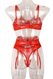 Red Sexy Solid Embroidered Patchwork See-through Valentines Day Lingerie Three Pieces
