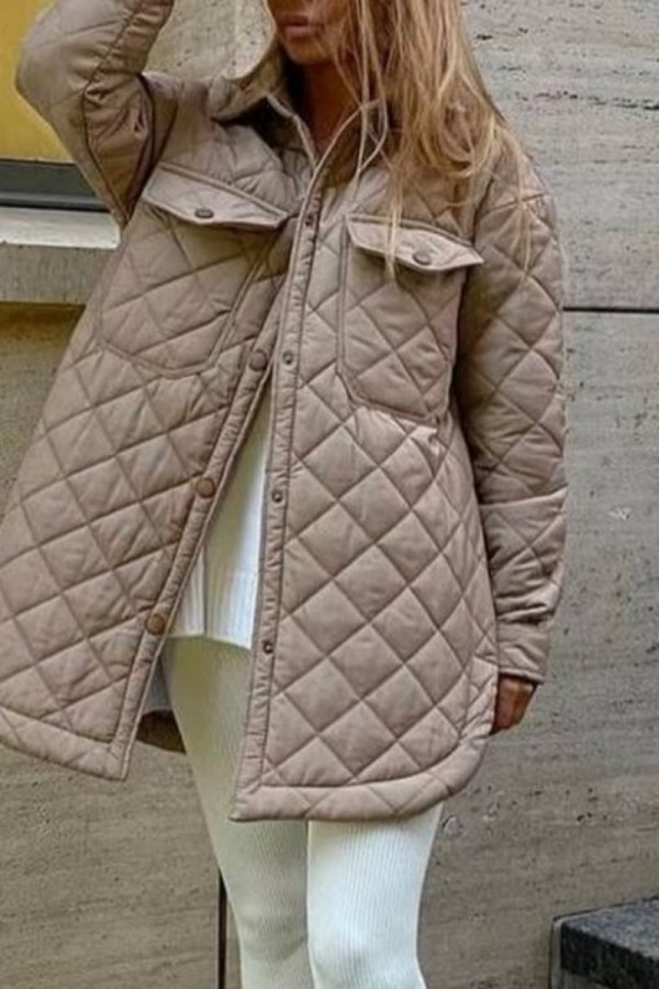 Khaki Casual Solid Patchwork Turndown Collar Outerwear