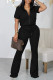 Black Casual Solid Patchwork Zipper Short Sleeve Two Pieces