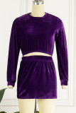 Deep Red Sexy Solid Basic O Neck Long Sleeve Two Pieces
