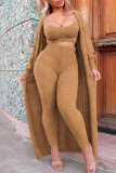 Khaki Casual Solid Patchwork Cardigan Collar Long Sleeve Three Pieces