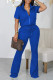 Blue Casual Solid Patchwork Zipper Short Sleeve Two Pieces