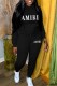 Black Casual Print Letter Hooded Collar Long Sleeve Two Pieces