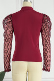 Blue Casual Patchwork Sequins See-through Turtleneck Tops
