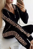 Pink Sexy Print Leopard Patchwork Zipper Hooded Collar Long Sleeve Two Pieces