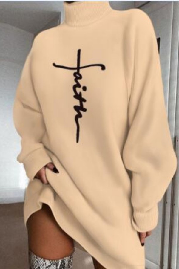 Apricot Casual Print Basic Turtleneck Long Sleeve Dresses