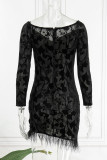Green Sexy Solid Patchwork Feathers Backless Off the Shoulder Long Sleeve Dresses