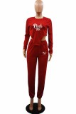 Red Casual Print Letter Asymmetrical O Neck Long Sleeve Two Pieces