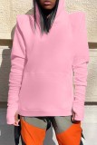 Pink Casual Basic Hooded Collar Tops