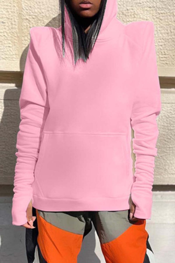 Pink Casual Basic Hooded Collar Tops