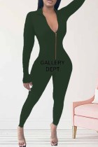 Army Green Sexy Print Letter Zipper Collar Jumpsuits