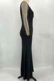 Black Casual Solid Patchwork See-through O Neck Long Sleeve Dresses