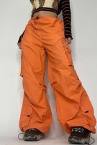 Orange Casual Solid Patchwork Regular High Waist Conventional Solid Color Trousers