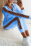 Black Sexy Print Leopard Patchwork Zipper Hooded Collar Long Sleeve Two Pieces