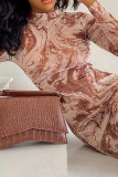 Brown Sexy Print Patchwork Half A Turtleneck Pencil Skirt Dresses