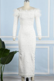 White Casual Solid Patchwork Beading Off the Shoulder Long Sleeve Dresses