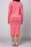 Pink Casual Solid Buttons V Neck Long Sleeve Two Pieces