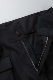 Black Casual Solid Patchwork Regular High Waist Trousers