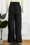 Black Casual Solid Patchwork Regular High Waist Trousers