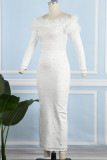 White Casual Solid Patchwork Beading Off the Shoulder Long Sleeve Dresses
