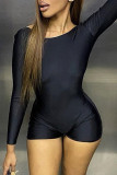 Black Sexy Solid Patchwork Backless O Neck Skinny Rompers