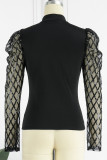 Blue Casual Patchwork Sequins See-through Turtleneck Tops