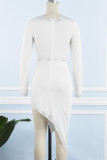 White Sexy Patchwork Hot Drilling Asymmetrical V Neck Long Sleeve Dresses