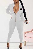 Rose Red Sexy Print Patchwork Zipper Collar Jumpsuits