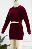 Deep Red Sexy Solid Basic O Neck Long Sleeve Two Pieces