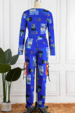 Blue Casual Print Patchwork V Neck Long Sleeve Two Pieces