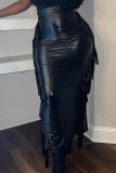 Black Casual Solid Tassel Patchwork Slit Skinny High Waist Conventional Solid Color Skirt