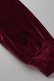 Deep Red Sexy Solid Basic O Neck Long Sleeve Two Pieces