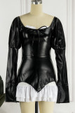 Black Sexy Street Solid Patchwork High Opening Square Collar A Line Dresses