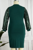 Ink Green Sexy Solid Sequins Patchwork O Neck Straight Plus Size Dresses