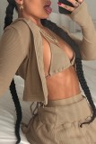 Khaki Casual Solid Patchwork Hooded Collar Long Sleeve Two Pieces (Without Underwear)