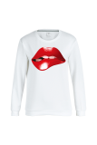 White Street Lips Printed Patchwork O Neck Tops