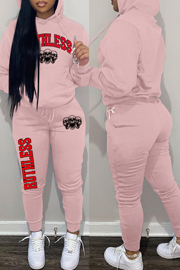Pink Casual Print Patchwork Hooded Collar Long Sleeve Two Pieces