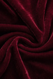 Deep Red Sexy Solid Basic O Neck Long Sleeve Two Pieces