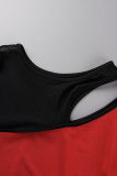 Red Sexy Casual Patchwork See-through Contrast O Neck Long Sleeve Two Pieces