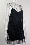 Silver Sexy Solid Tassel Patchwork Spaghetti Strap Sling Dress Dresses