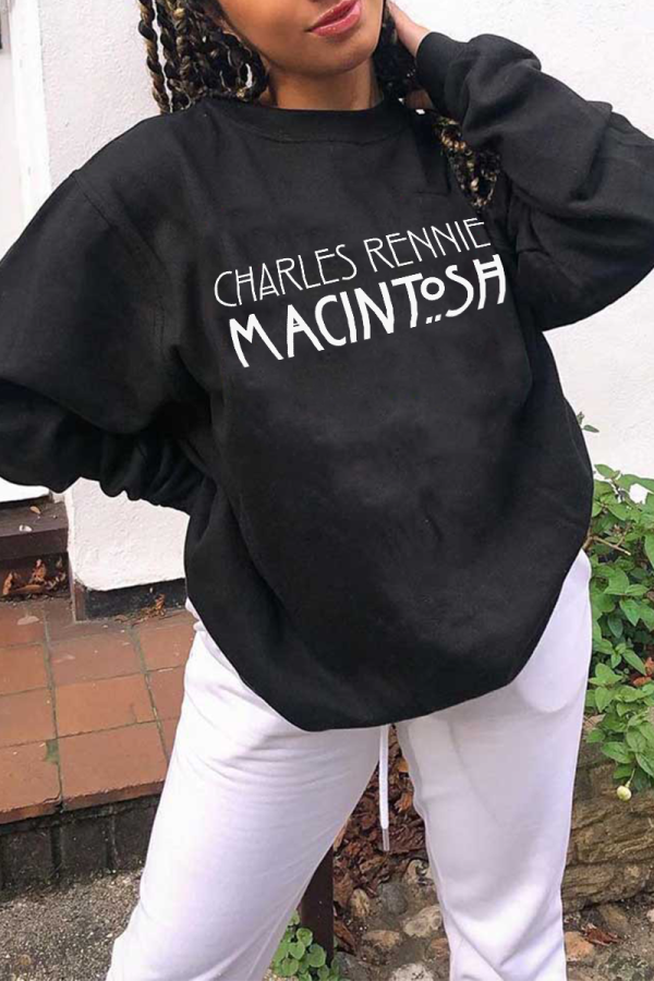 Black Street Print Letter O Neck Tops