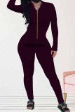 Rose Red Sexy Print Letter Zipper Collar Jumpsuits