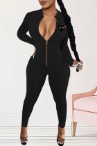 Black Sexy Print Patchwork Zipper Collar Jumpsuits