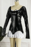 Black Sexy Street Solid Patchwork High Opening Square Collar A Line Dresses