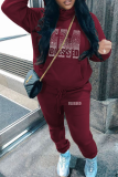 Pink Casual Print Hot Drill Hooded Collar Plus Size Two Pieces