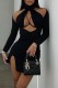 Black Sexy Solid Hollowed Out Patchwork Turtleneck Long Sleeve Dresses