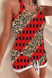 Red Casual Print Patchwork U Neck Sleeveless Two Pieces