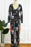 Blue Casual Print Patchwork V Neck Long Sleeve Two Pieces