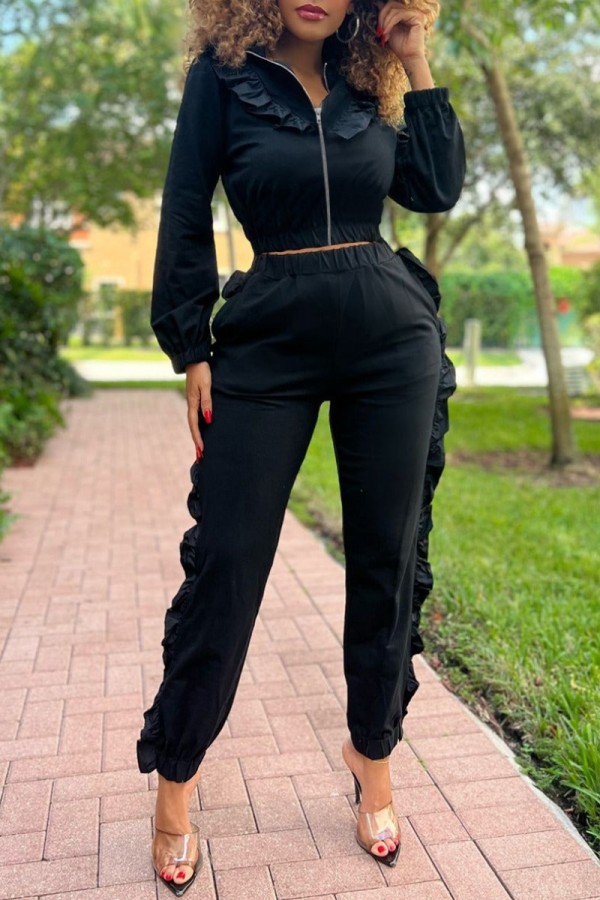 Black Casual Solid Patchwork Zipper Collar Long Sleeve Two Pieces